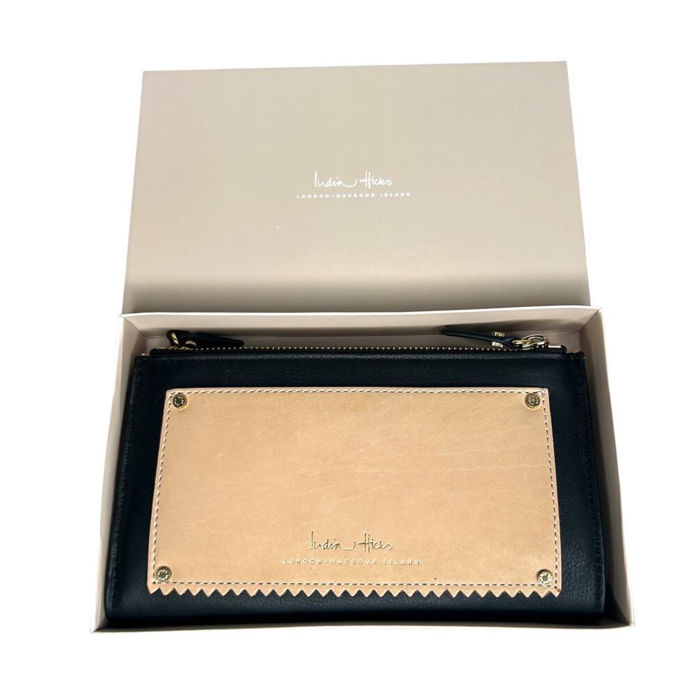 India Hicks Black & Tan Leather Zip Take Out Wallet NWOT